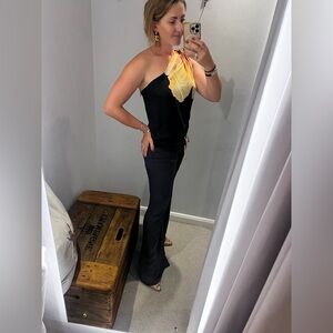 Ramona La Rue Black‎ and Flower Print One Shoulder Tie Waist Jumpsuit Size XS